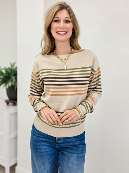 Boat Neck Long Sleeve Multi Striped Sweater