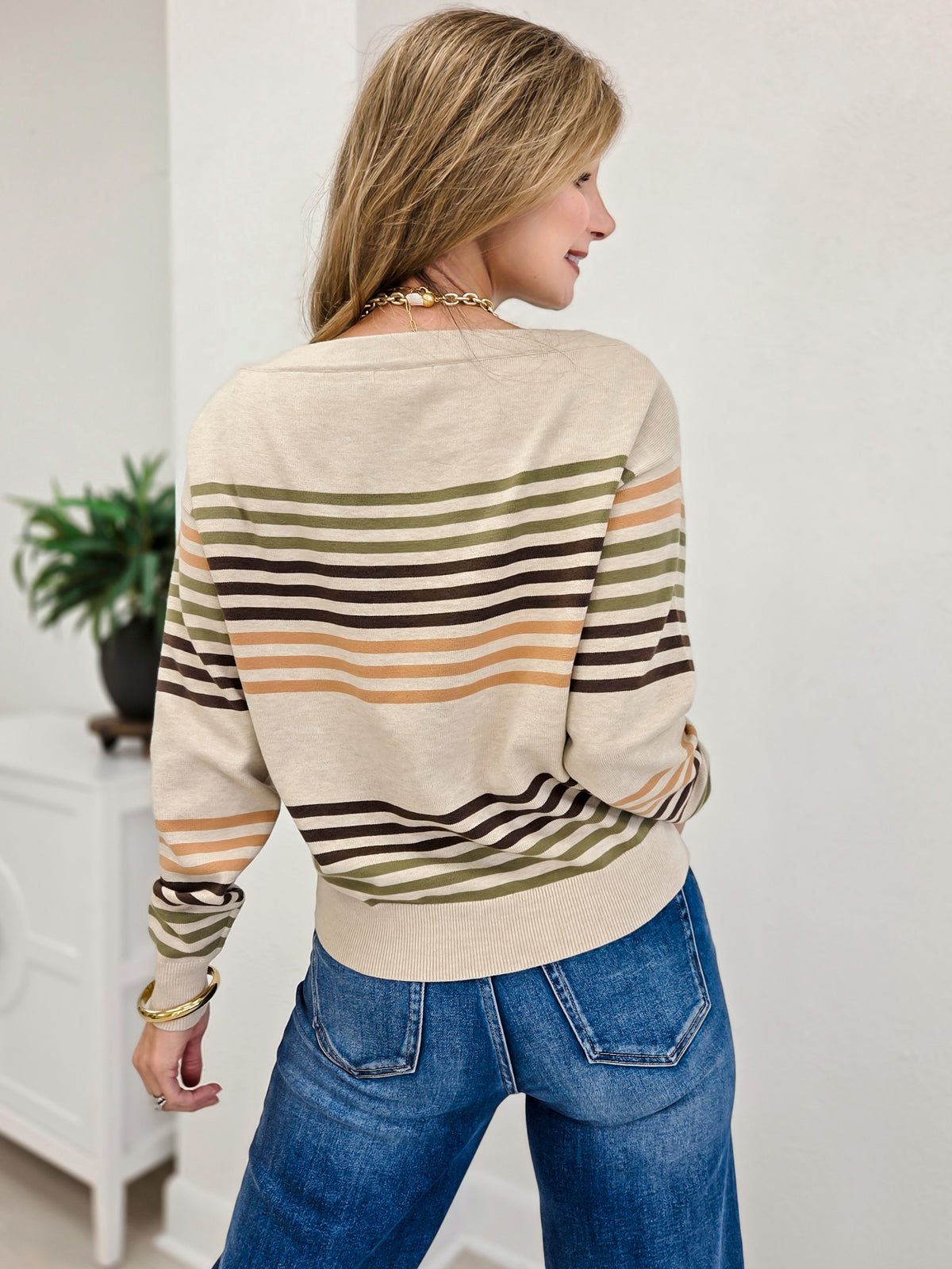 Boat Neck Long Sleeve Multi Striped Sweater