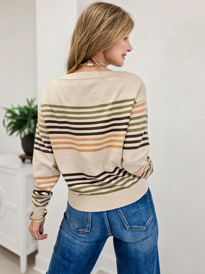 Boat Neck Long Sleeve Multi Striped Sweater