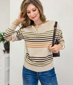 Boat Neck Long Sleeve Multi Striped Sweater