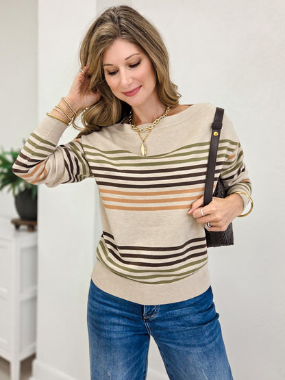 Boat Neck Long Sleeve Multi Striped Sweater