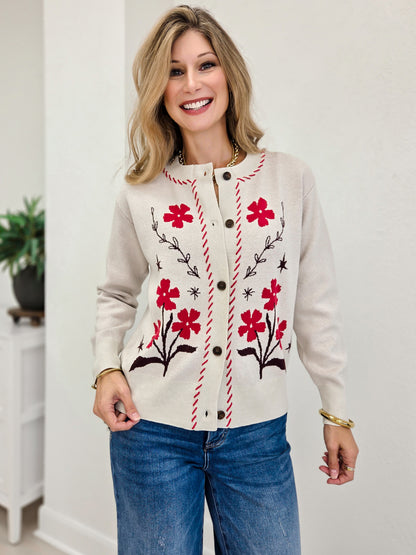 Flower Jacquard Button Down Cardigan