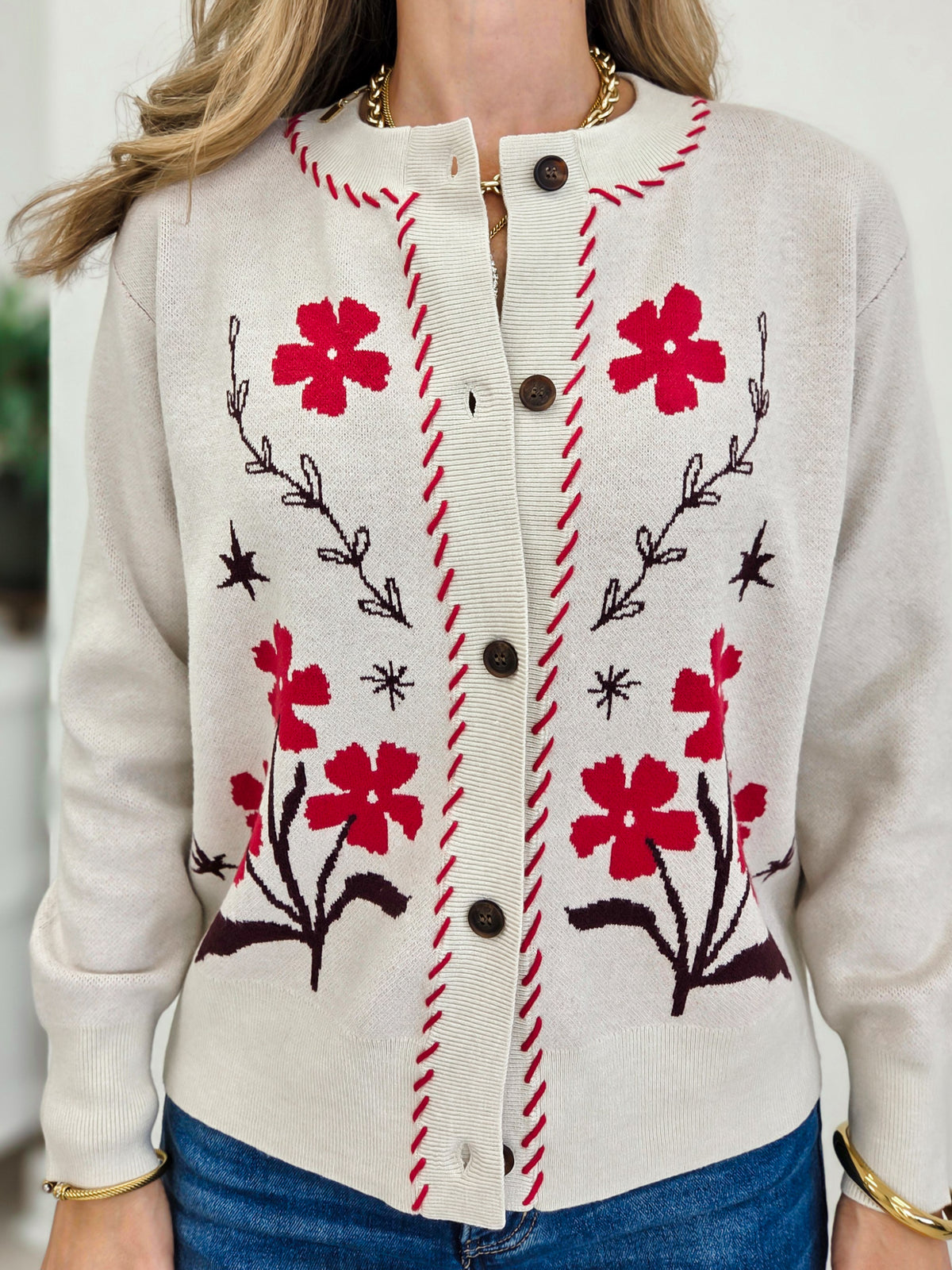 Flower Jacquard Button Down Cardigan