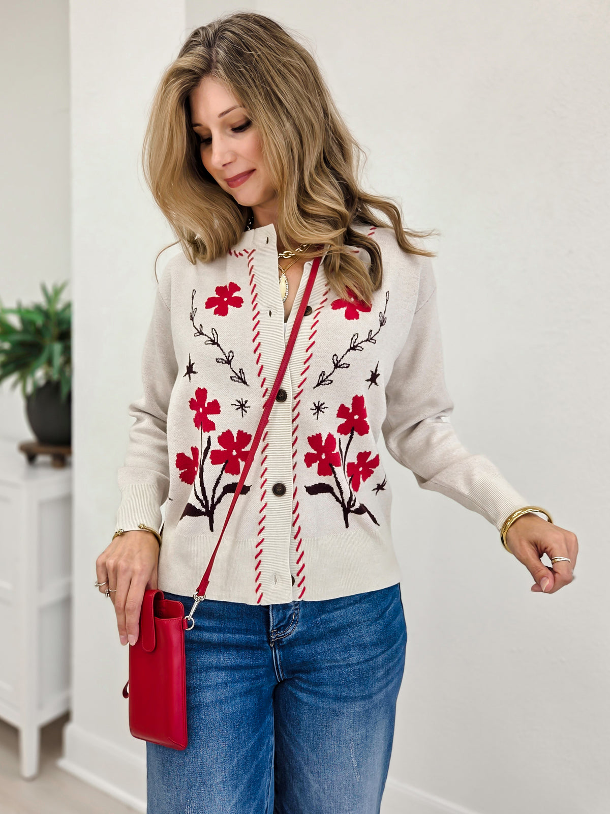 Flower Jacquard Button Down Cardigan