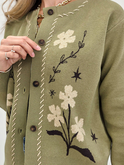 Flower Jacquard Button Down Cardigan