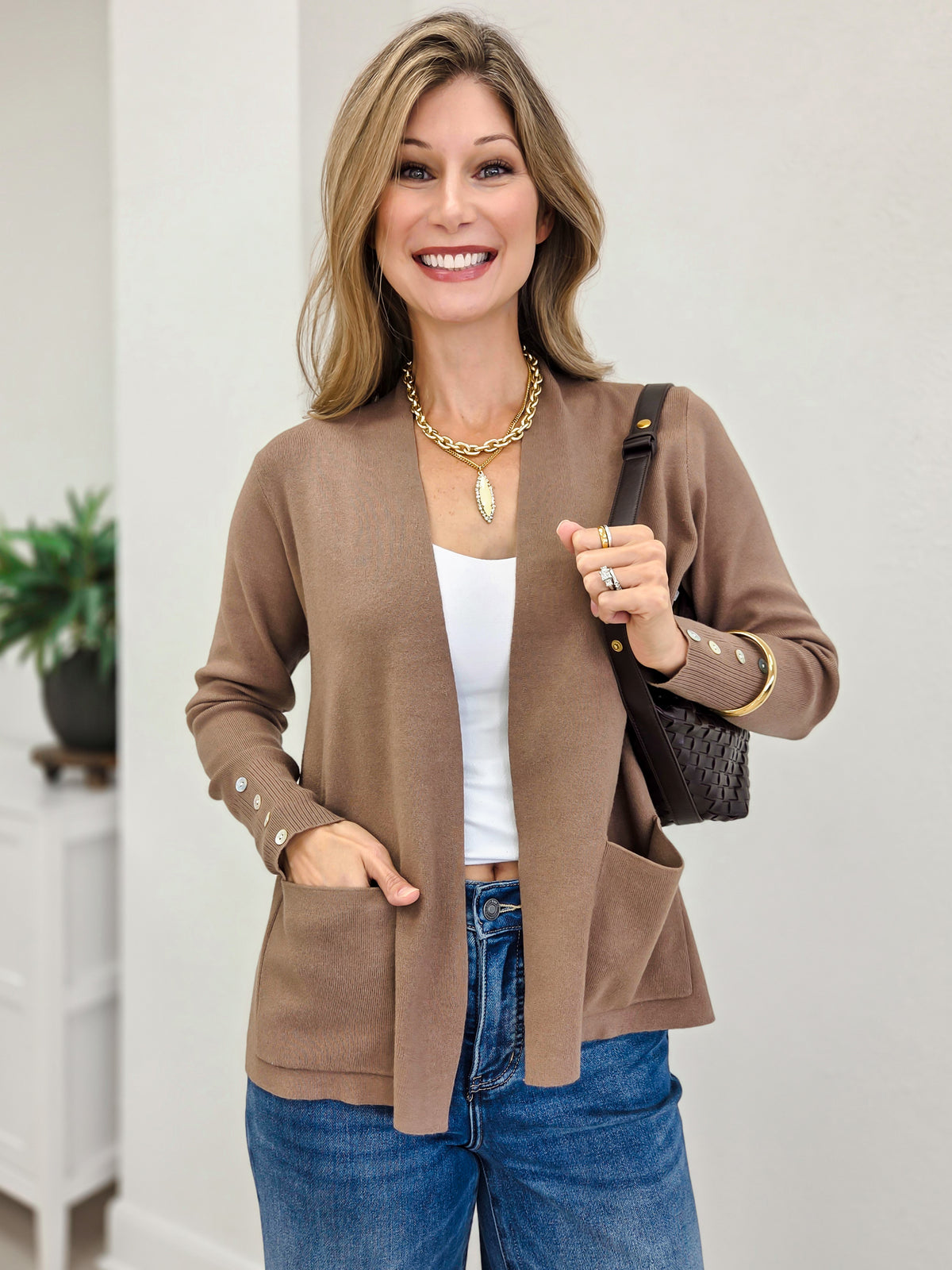 Button Cuff Solid Sweater Cardigan