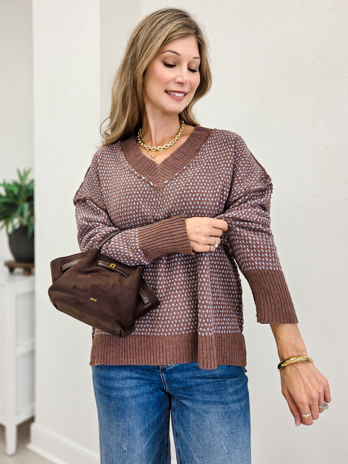 Contrast Stitch V Neck Sweater