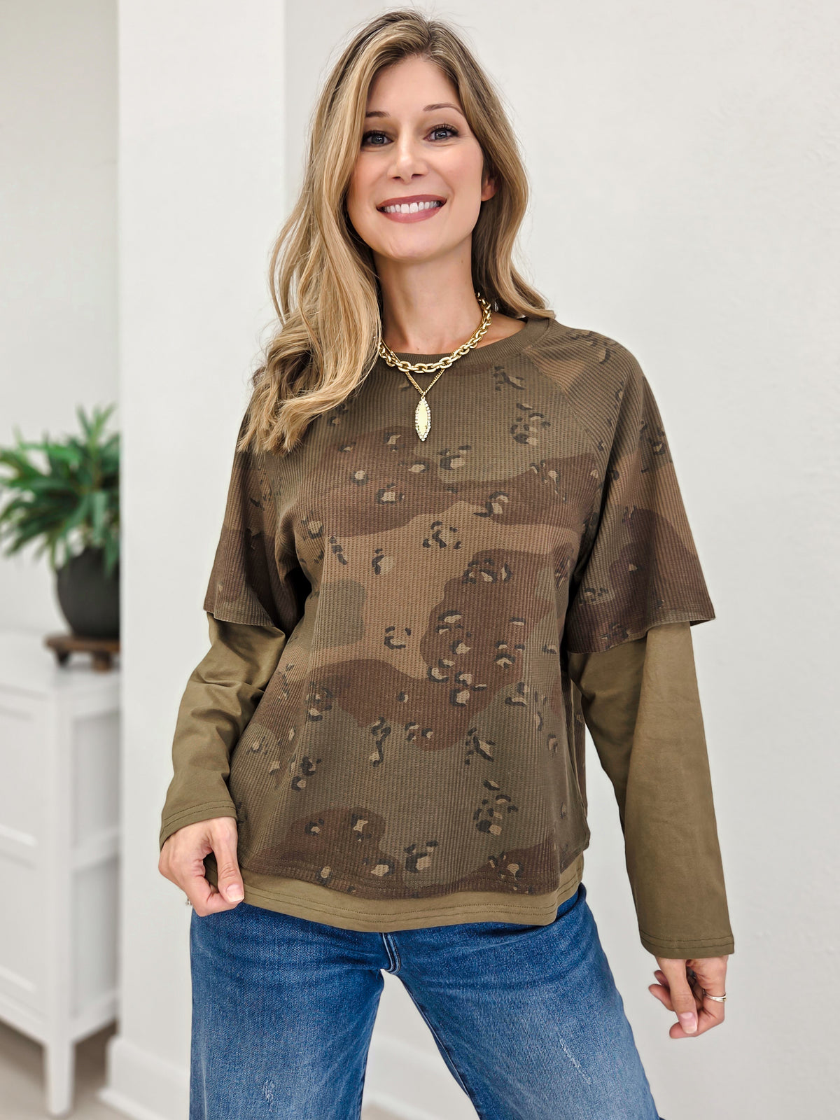 Camo Print Layered Waffle Knit Top