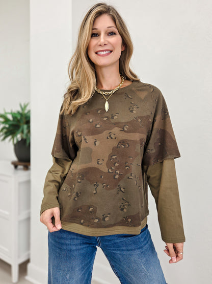 Camo Print Layered Waffle Knit Top