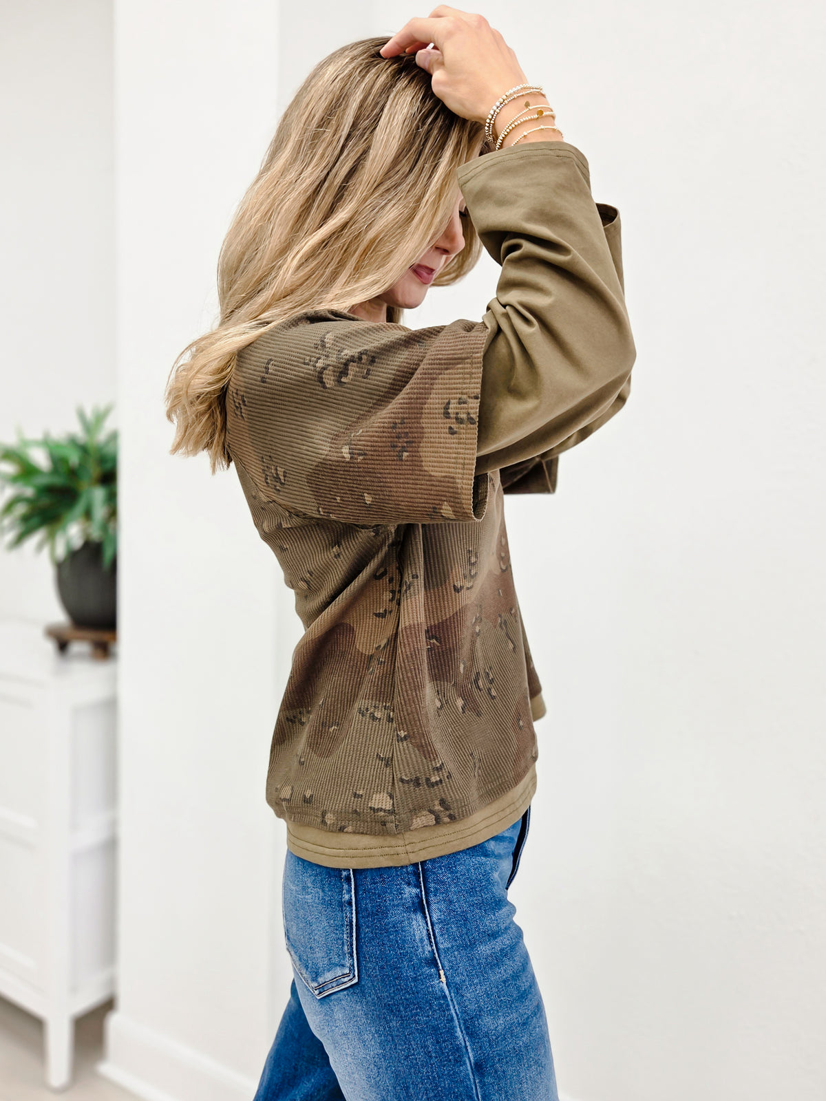 Camo Print Layered Waffle Knit Top