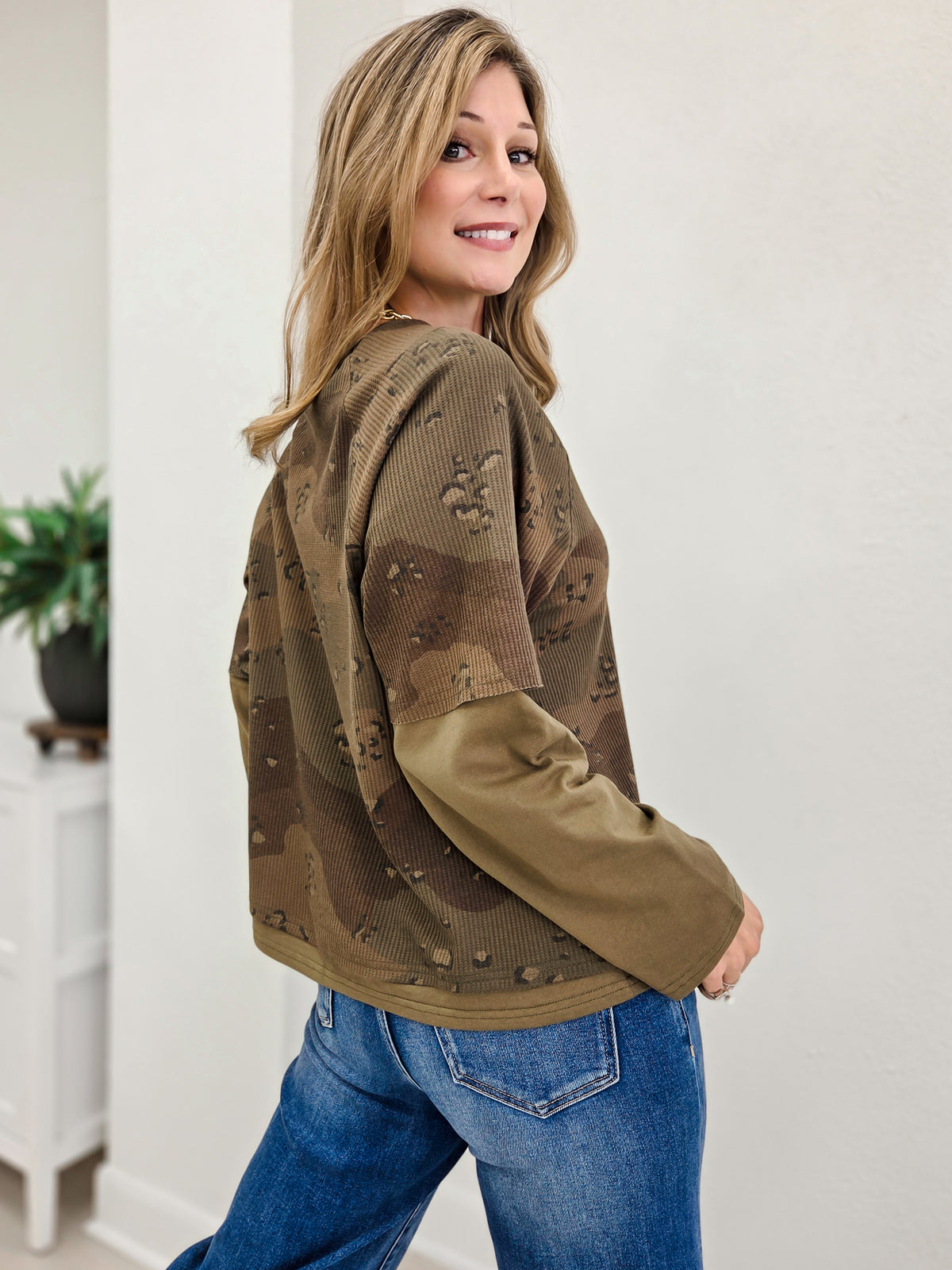 Camo Print Layered Waffle Knit Top
