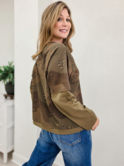 Camo Print Layered Waffle Knit Top