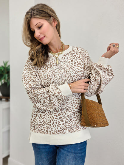 Vintage Leopard Print Pullover With Ribbed Hem Detail