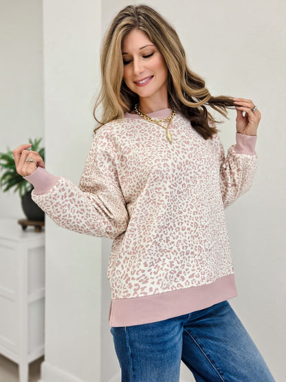Vintage Leopard Print Pullover With Ribbed Hem Detail