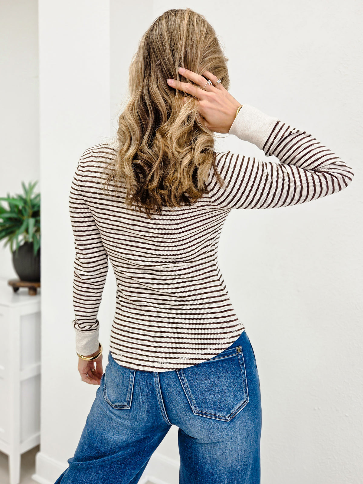 Long Sleeve Striped Ribbed Henley Top
