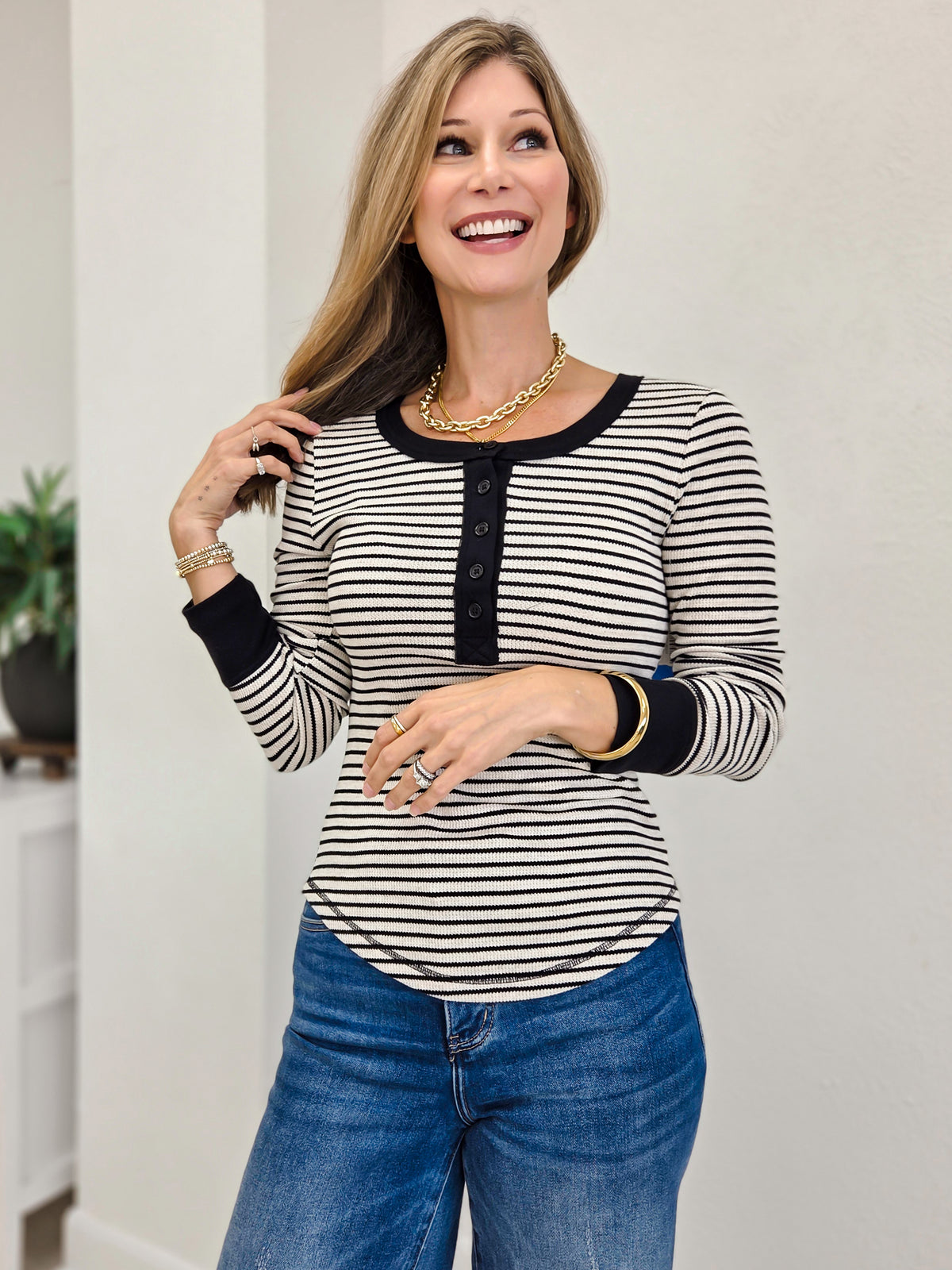 Long Sleeve Striped Ribbed Henley Top