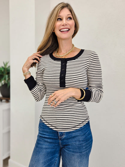 Long Sleeve Striped Ribbed Henley Top