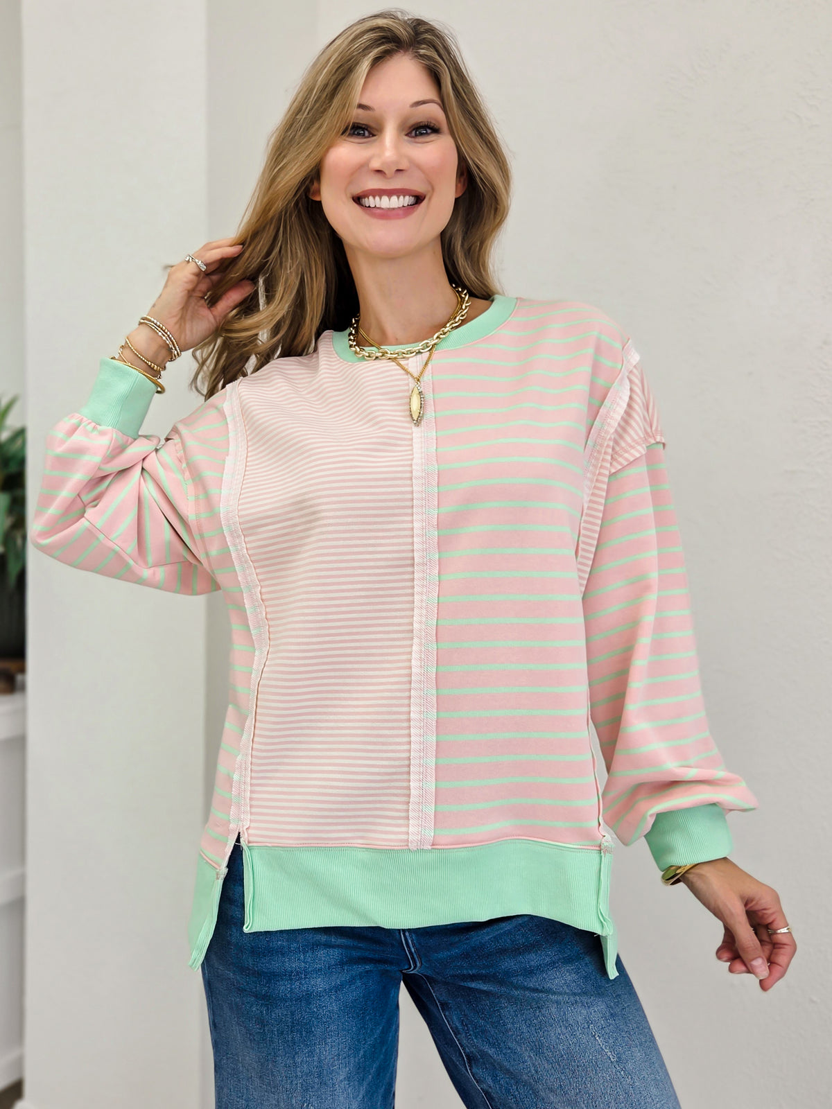 Mixed Stripe Sweatshirt with Exposed Seam Detail