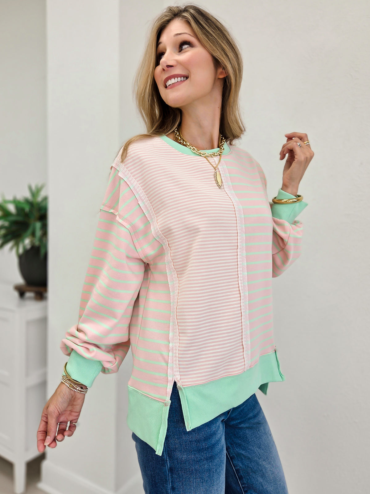Mixed Stripe Sweatshirt with Exposed Seam Detail