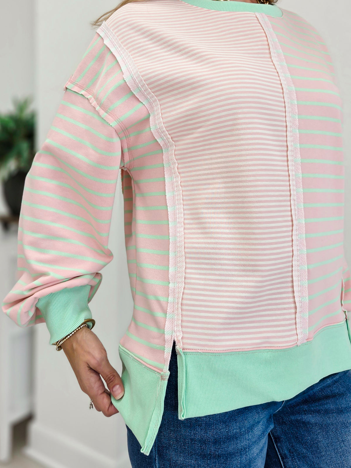 Mixed Stripe Sweatshirt with Exposed Seam Detail