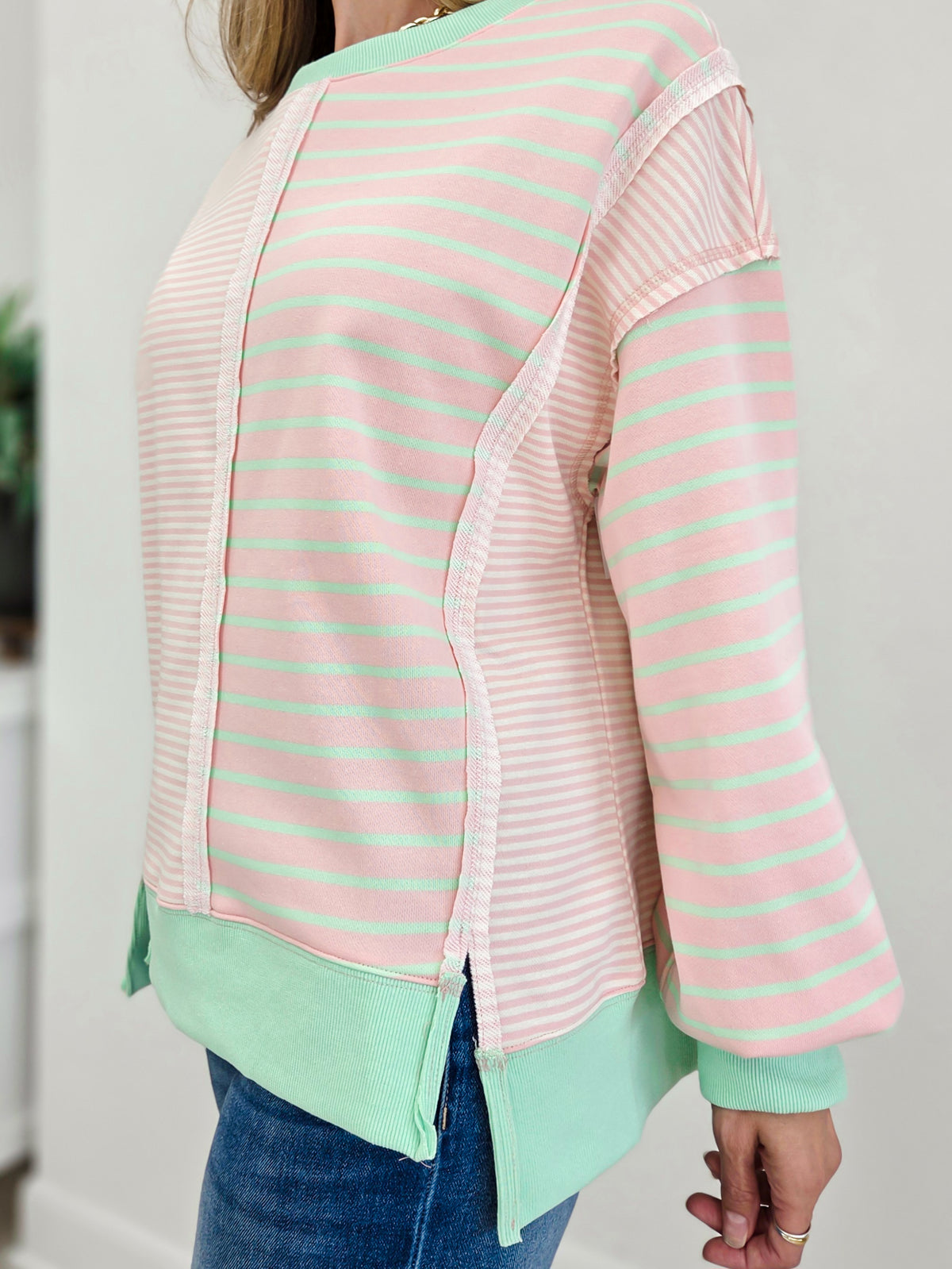 Mixed Stripe Sweatshirt with Exposed Seam Detail
