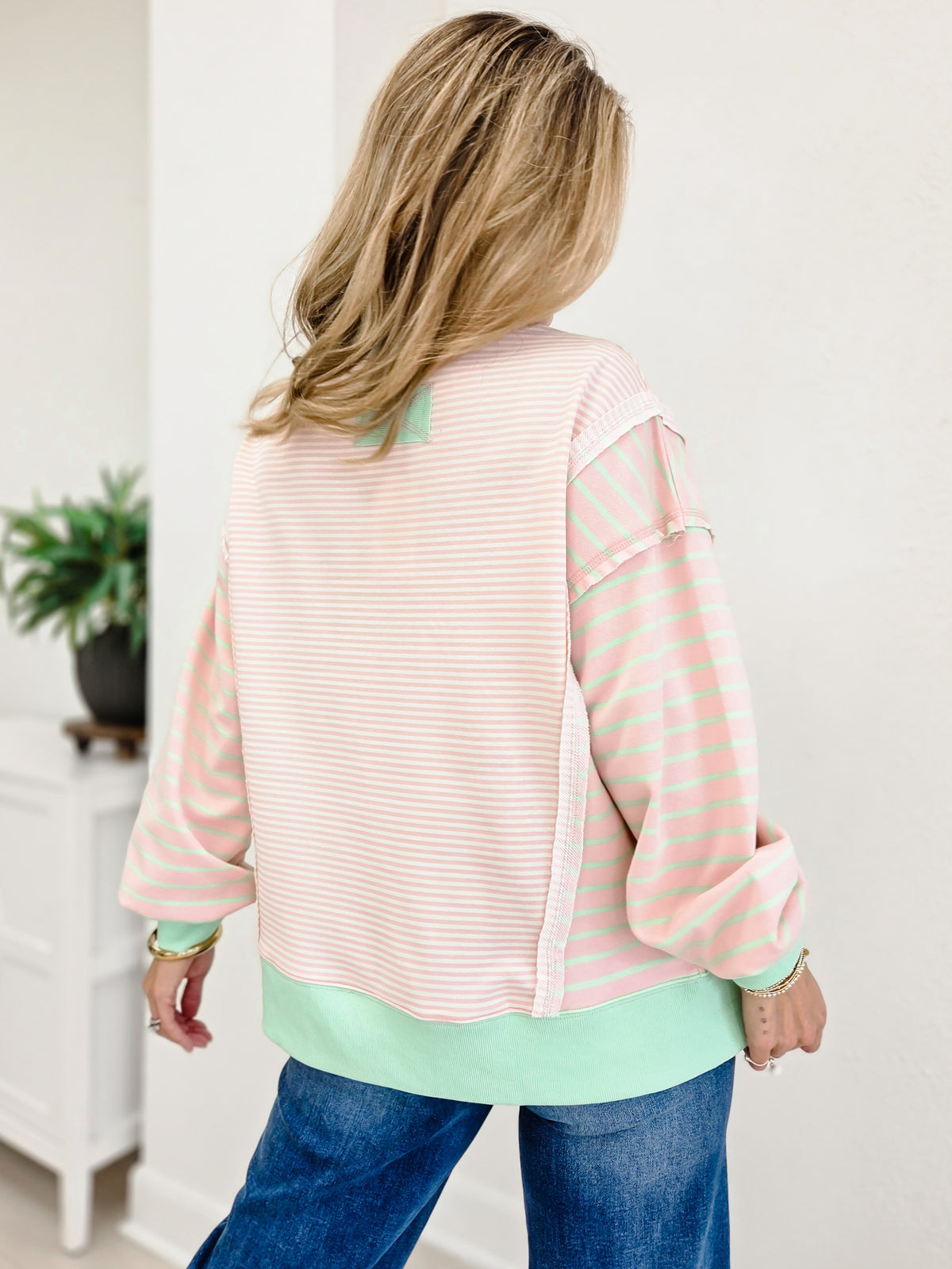 Mixed Stripe Sweatshirt with Exposed Seam Detail