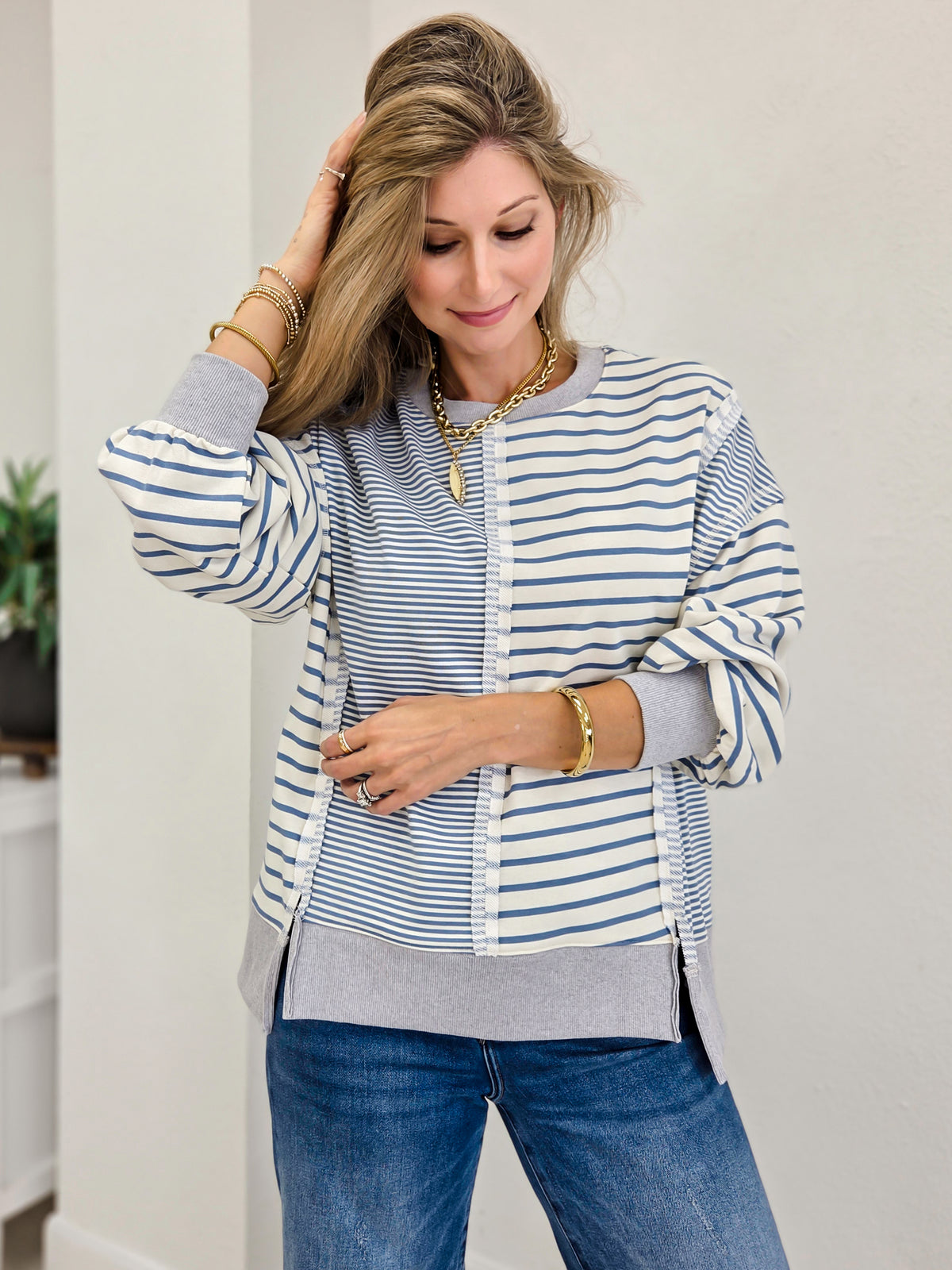 Mixed Stripe Sweatshirt with Exposed Seam Detail
