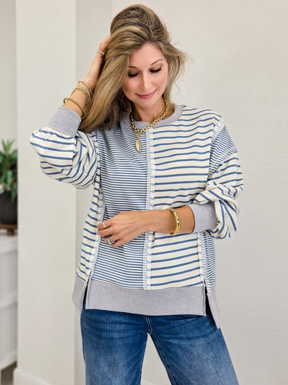 Mixed Stripe Sweatshirt with Exposed Seam Detail