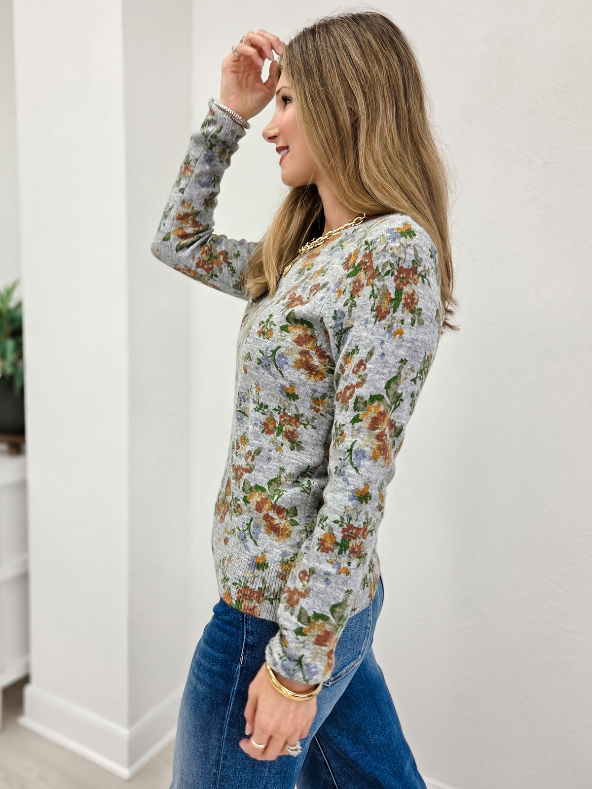 Floral Crew Neck Pullover Sweater