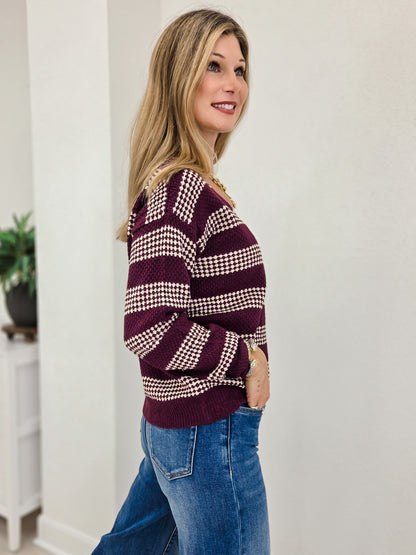 Waffle Stiped V Neck Sweater
