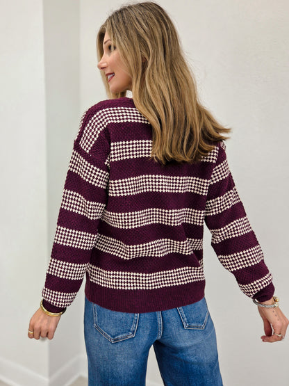Waffle Stiped V Neck Sweater