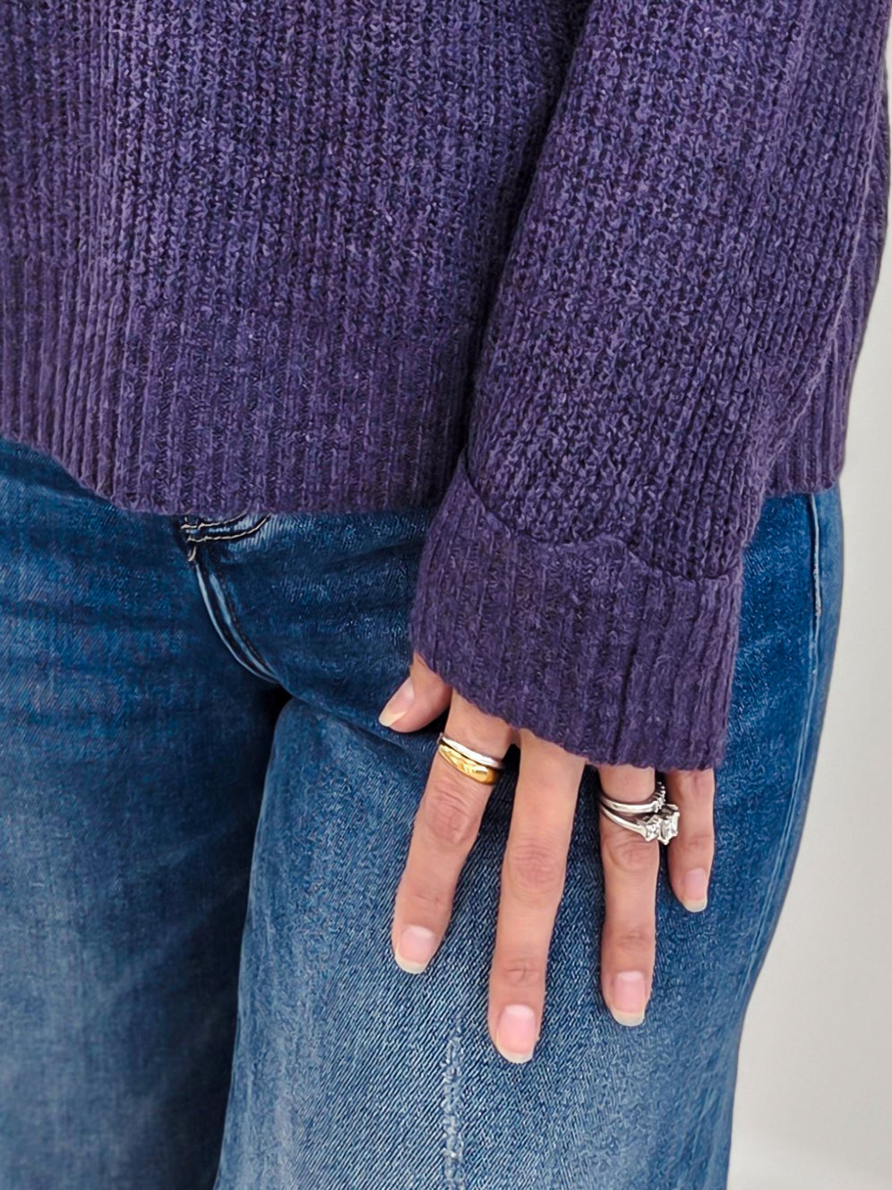 Slit Neck Sweater With Patch Work Detail