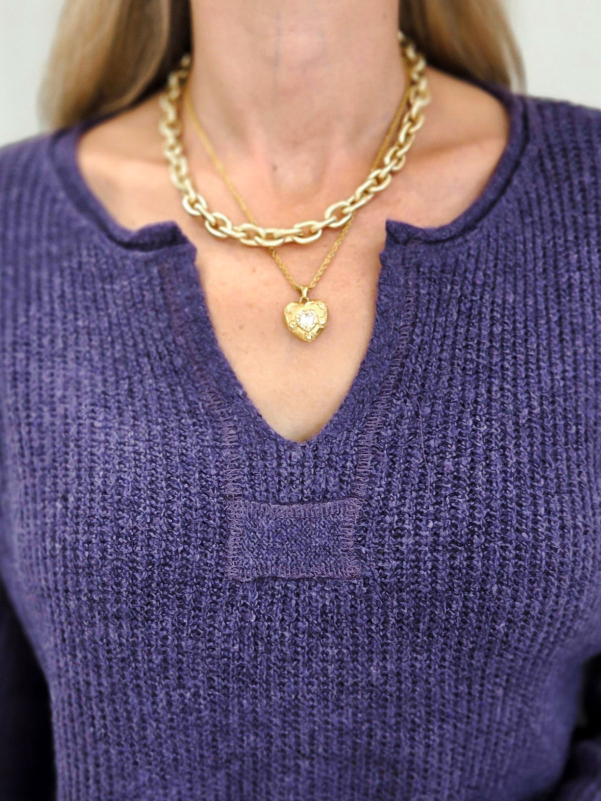 Slit Neck Sweater With Patch Work Detail
