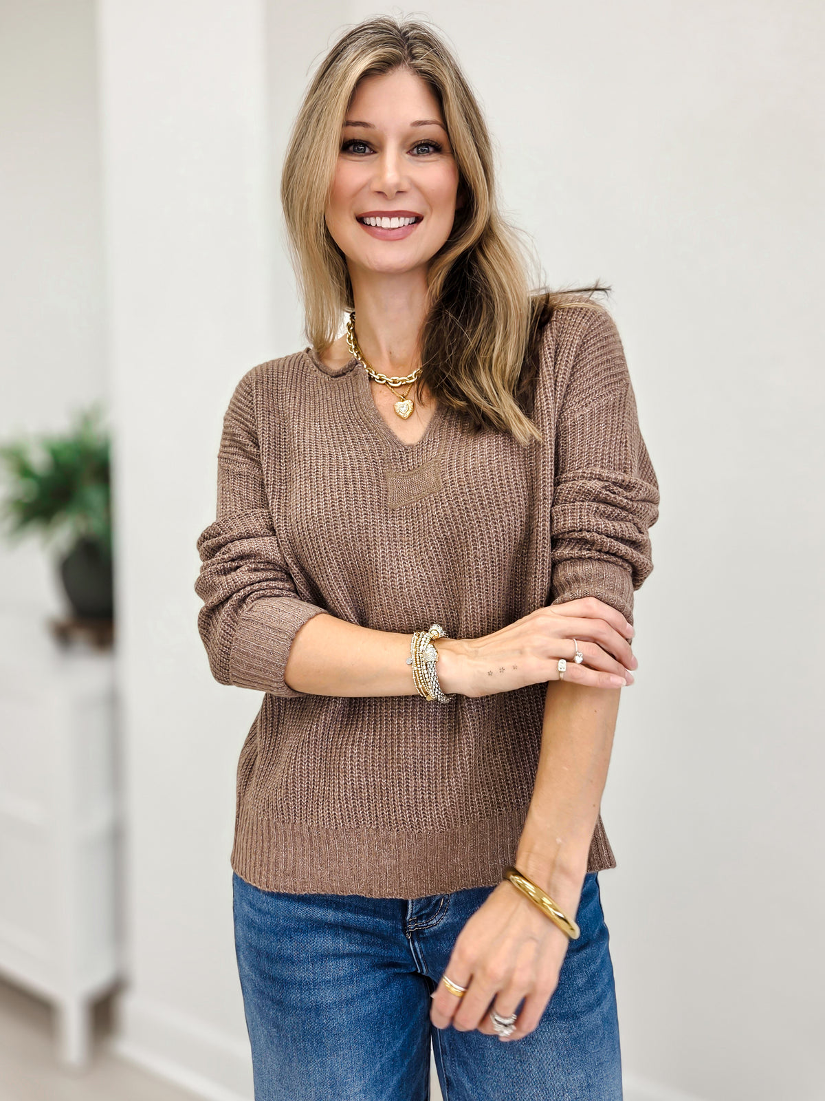 Slit Neck Sweater With Patch Work Detail