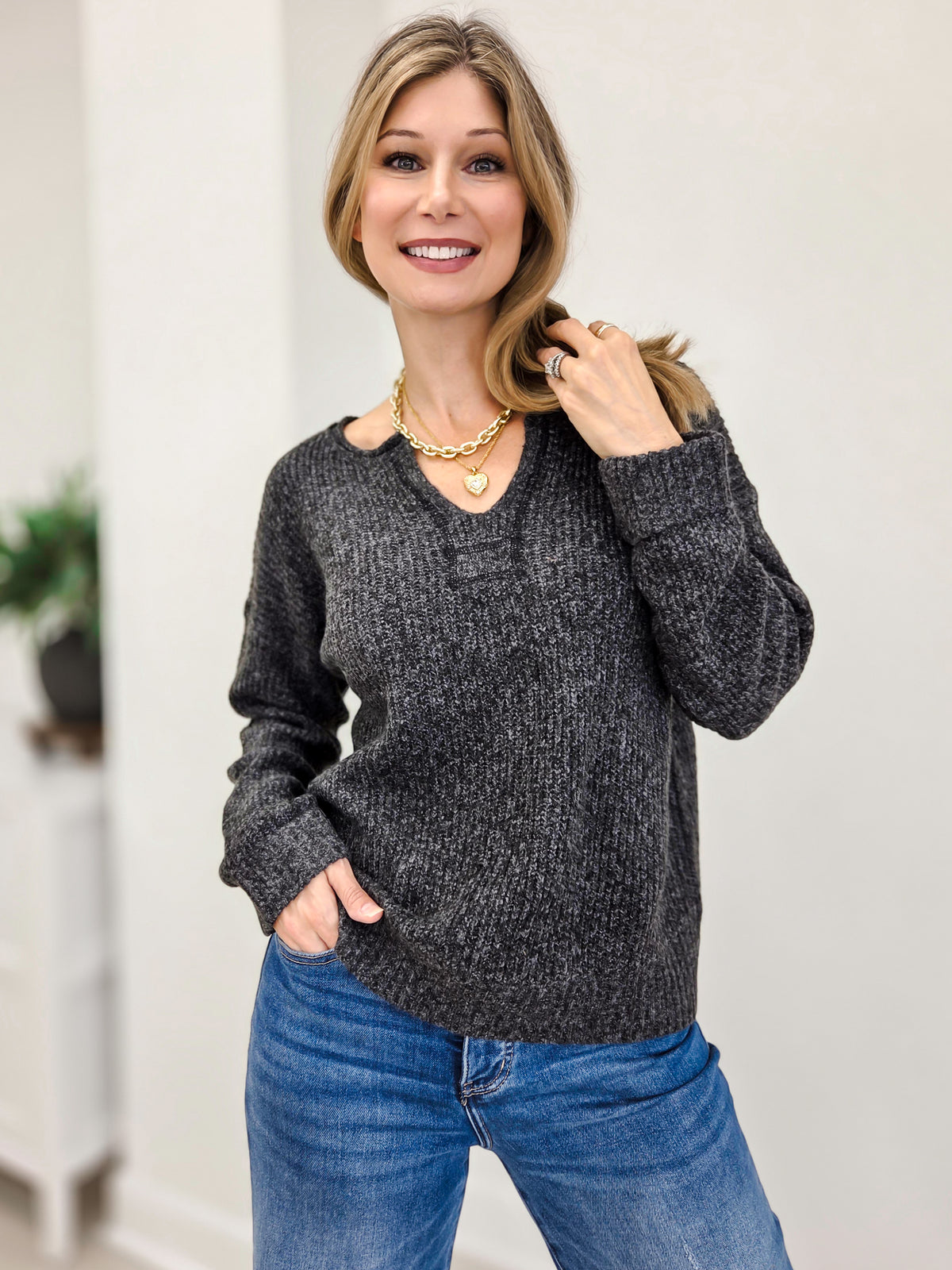 Slit Neck Sweater With Patch Work Detail