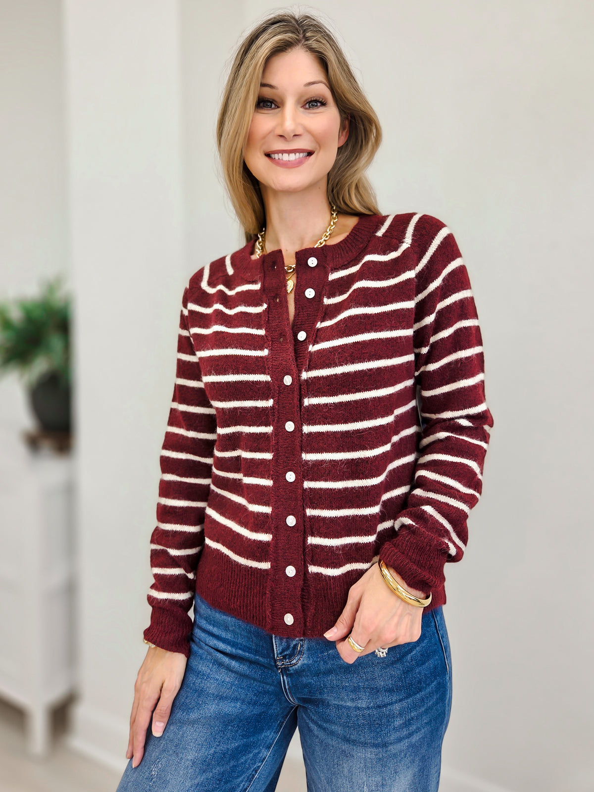 Fuzzy Crew Neck Striped Button Down Cardigan