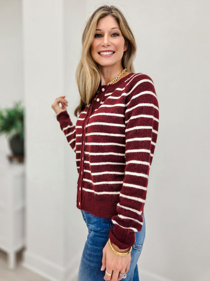 Fuzzy Crew Neck Striped Button Down Cardigan