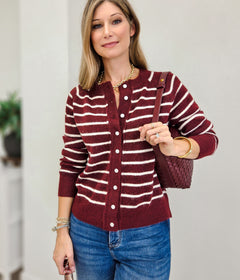 Fuzzy Crew Neck Striped Button Down Cardigan