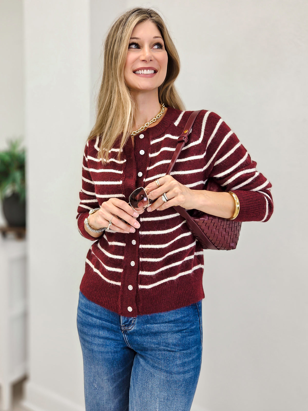 Fuzzy Crew Neck Striped Button Down Cardigan