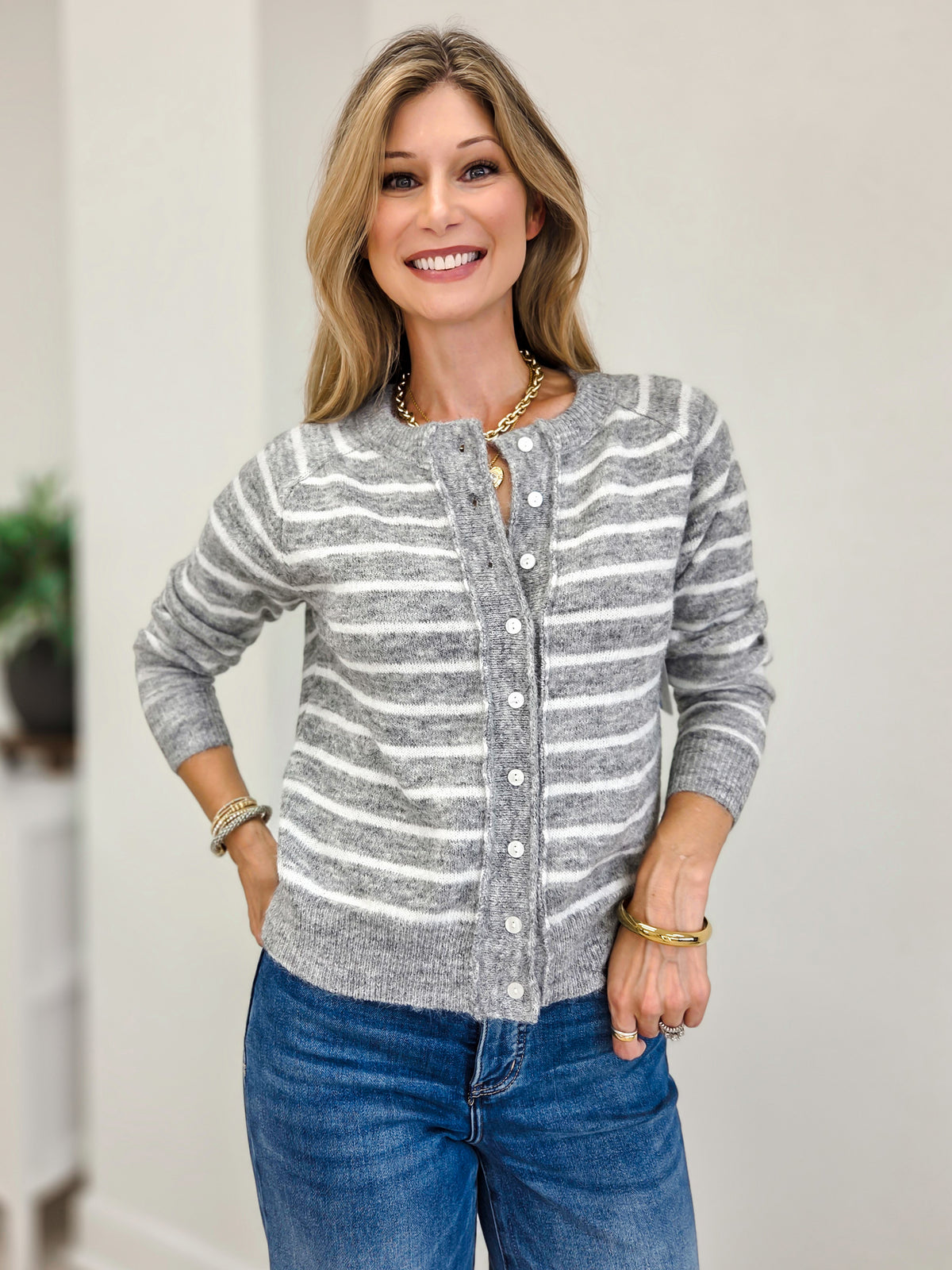 Fuzzy Crew Neck Striped Button Down Cardigan