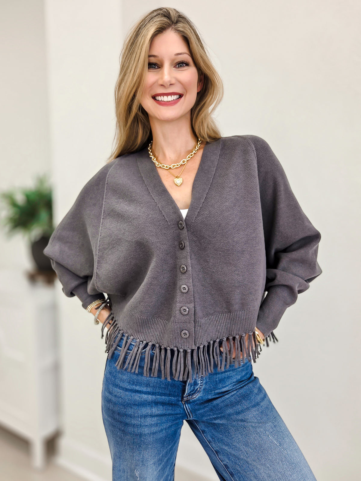 Fringe Hem Doman Batwing Sweater Cardigan