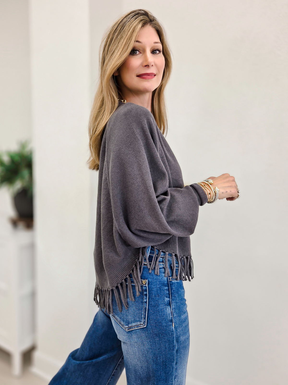 Fringe Hem Doman Batwing Sweater Cardigan