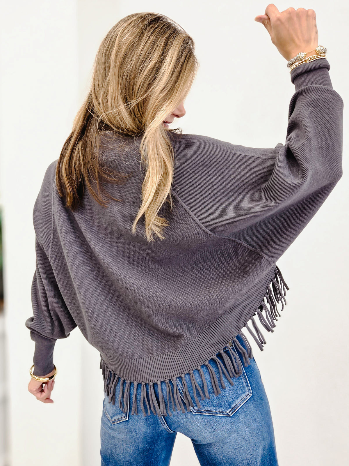 Fringe Hem Doman Batwing Sweater Cardigan