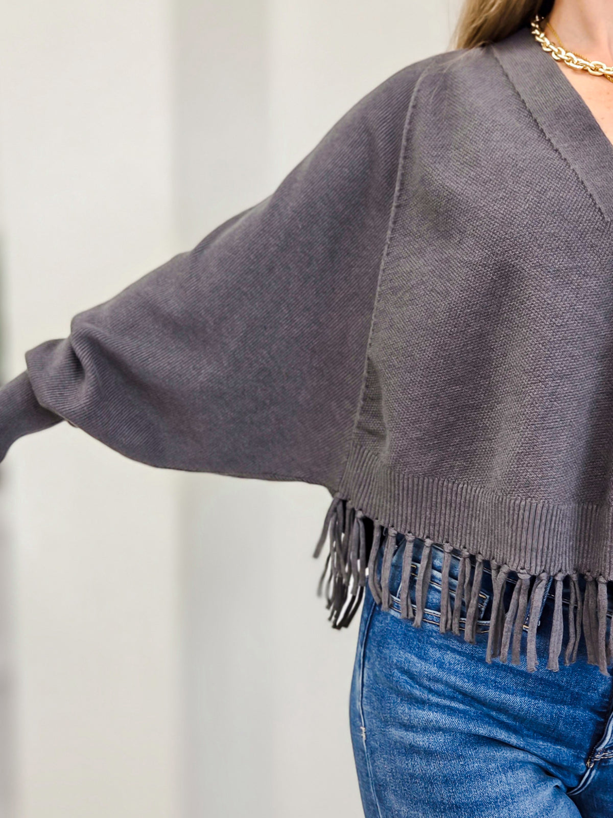 Fringe Hem Doman Batwing Sweater Cardigan