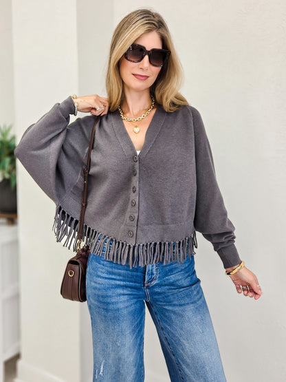 Fringe Hem Doman Batwing Sweater Cardigan