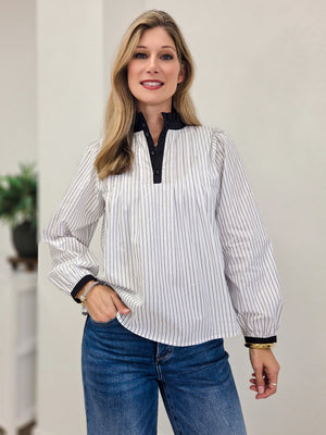 Ruffled Neckline Striped Pintuck Blouse