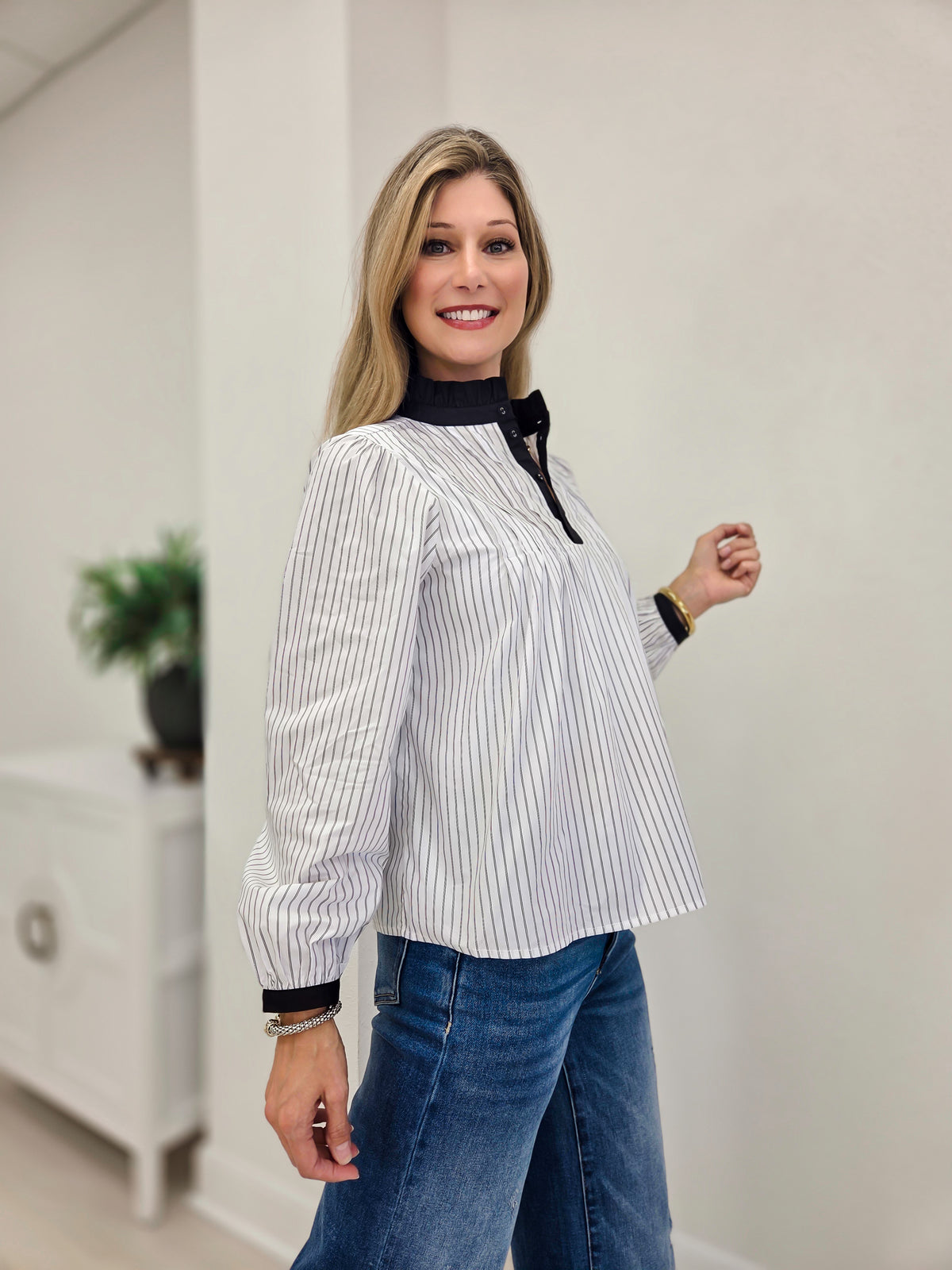 Ruffled Neckline Striped Pintuck Blouse