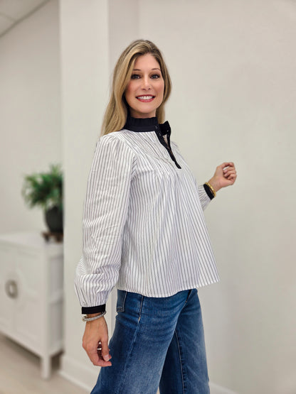 Ruffled Neckline Striped Pintuck Blouse