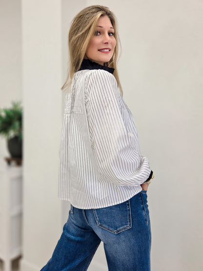 Ruffled Neckline Striped Pintuck Blouse