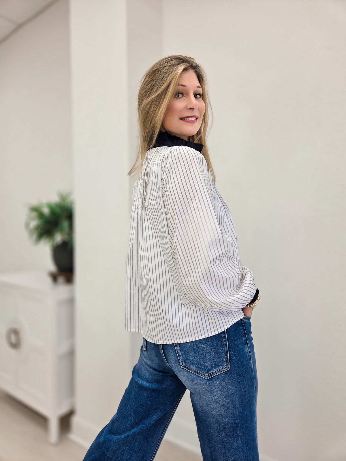 Ruffled Neckline Striped Pintuck Blouse